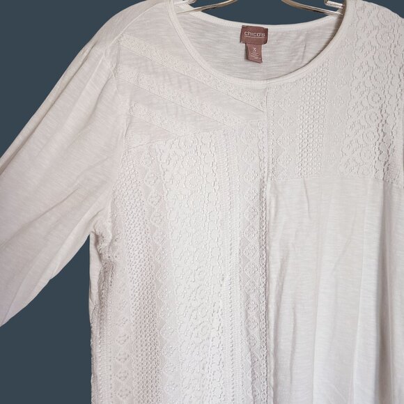 Chicos White Cotton 3/4 Sleeve Embroidered Casual Resortwear Tunic Sz 3‎ - Picture 3 of 7